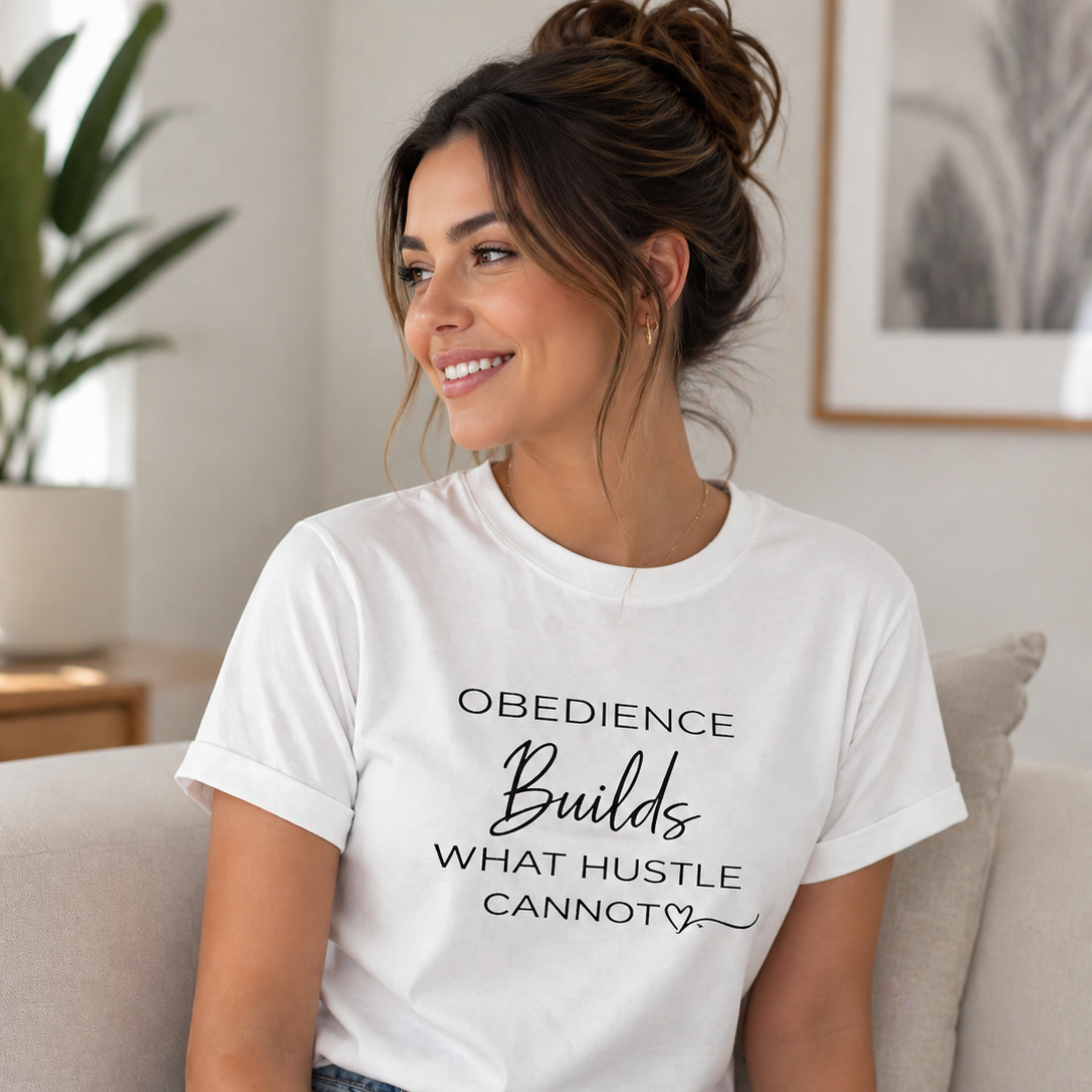 Obedience Builds What Hustle Cannot T-Shirt | Faith-Based Christian Tee for Women | Purpose-Driven Minimalist Apparel